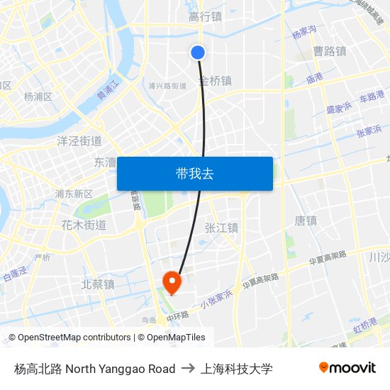 杨高北路 North Yanggao Road to 上海科技大学 map