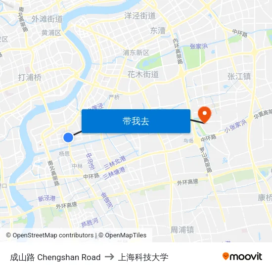 成山路 Chengshan Road to 上海科技大学 map
