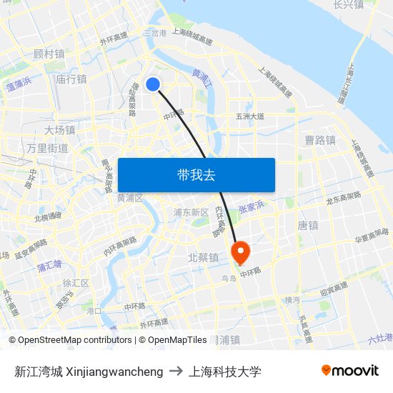 新江湾城 Xinjiangwancheng to 上海科技大学 map