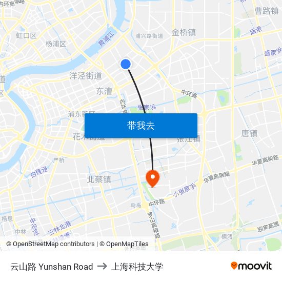 云山路 Yunshan Road to 上海科技大学 map