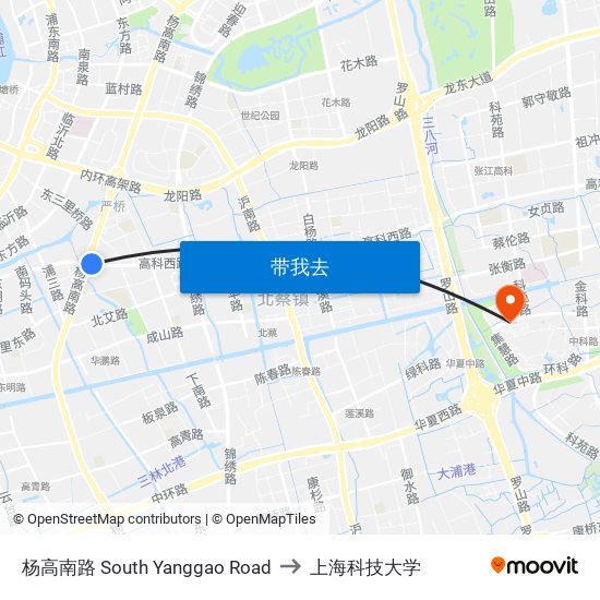 杨高南路 South Yanggao Road to 上海科技大学 map