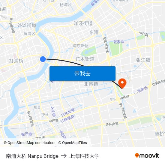 南浦大桥 Nanpu Bridge to 上海科技大学 map