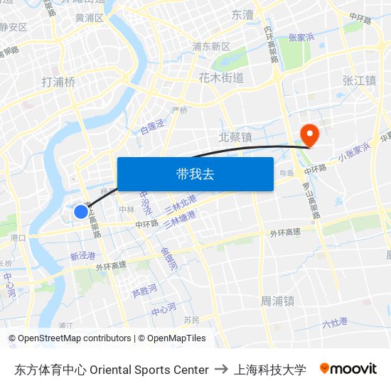 东方体育中心 Oriental Sports Center to 上海科技大学 map