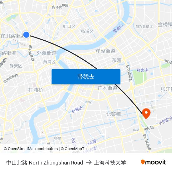 中山北路 North Zhongshan Road to 上海科技大学 map
