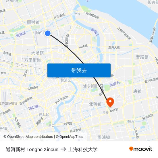 通河新村 Tonghe Xincun to 上海科技大学 map