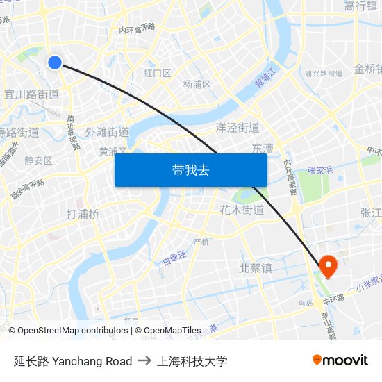 延长路 Yanchang Road to 上海科技大学 map