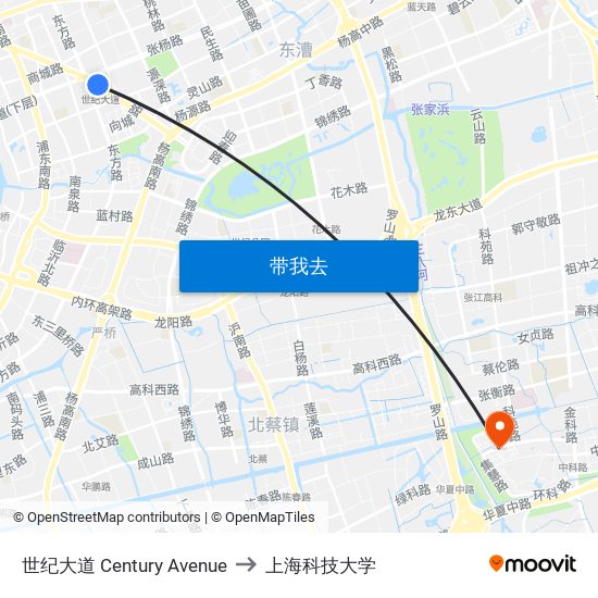 世纪大道 Century Avenue to 上海科技大学 map