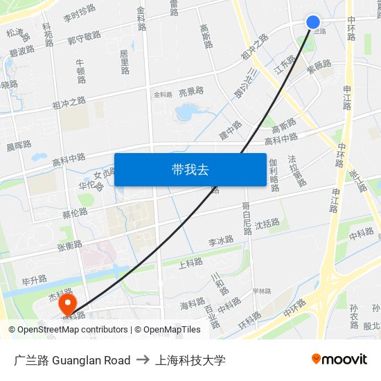 广兰路 Guanglan Road to 上海科技大学 map