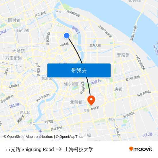 市光路 Shiguang Road to 上海科技大学 map