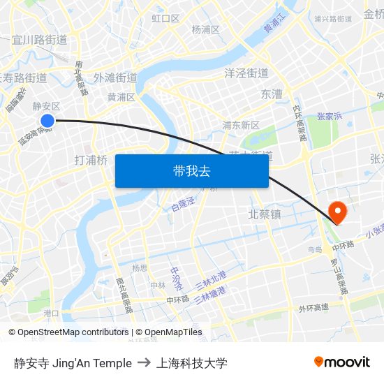 静安寺 Jing'An Temple to 上海科技大学 map