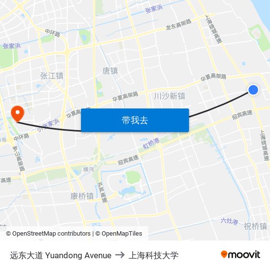 远东大道 Yuandong Avenue to 上海科技大学 map