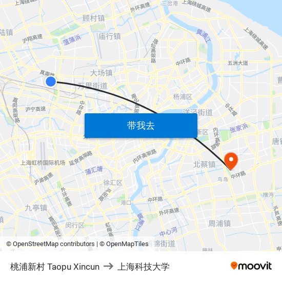 桃浦新村 Taopu Xincun to 上海科技大学 map