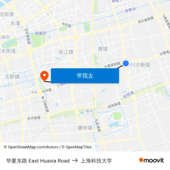 华夏东路 East Huaxia Road to 上海科技大学 map