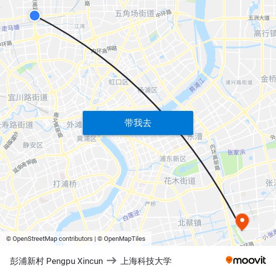 彭浦新村 Pengpu Xincun to 上海科技大学 map