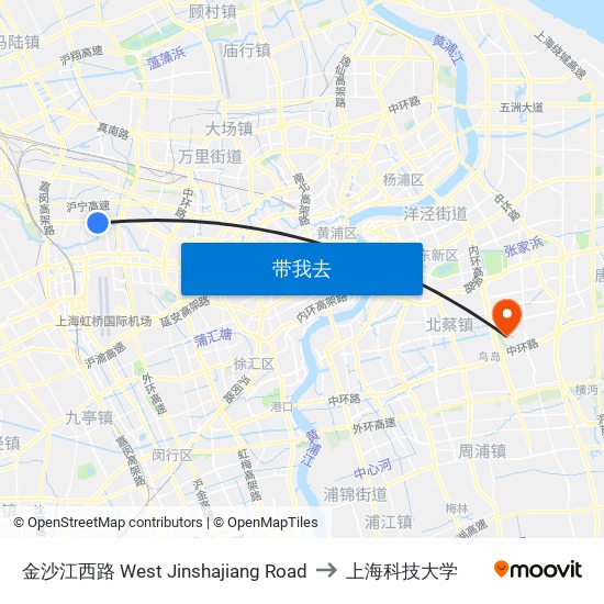 金沙江西路 West Jinshajiang Road to 上海科技大学 map