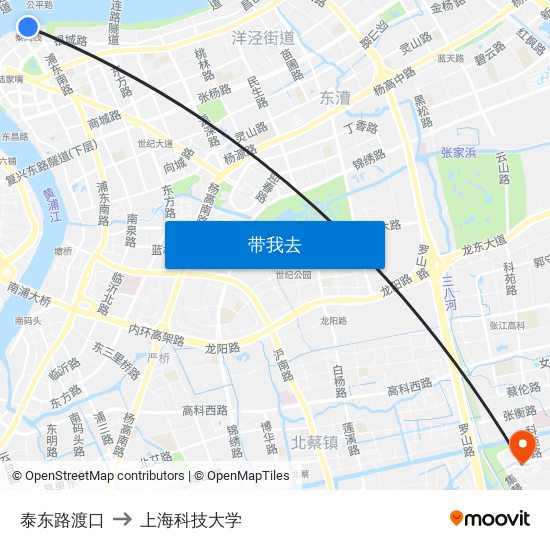 泰东路渡口 to 上海科技大学 map
