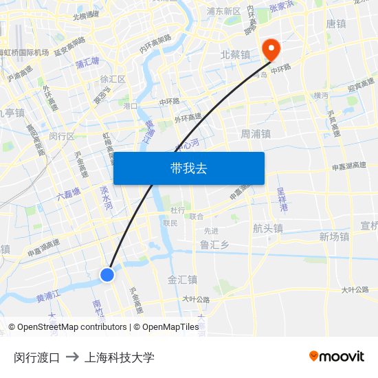 闵行渡口 to 上海科技大学 map