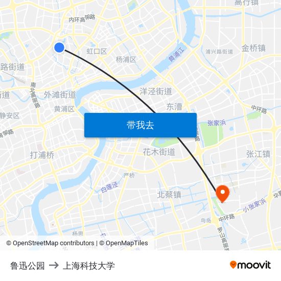 鲁迅公园 to 上海科技大学 map