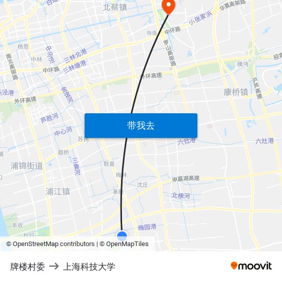 牌楼村委 to 上海科技大学 map