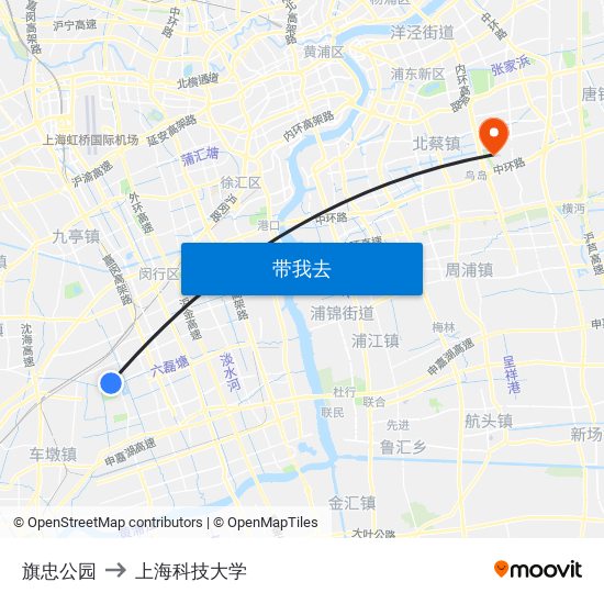 旗忠公园 to 上海科技大学 map