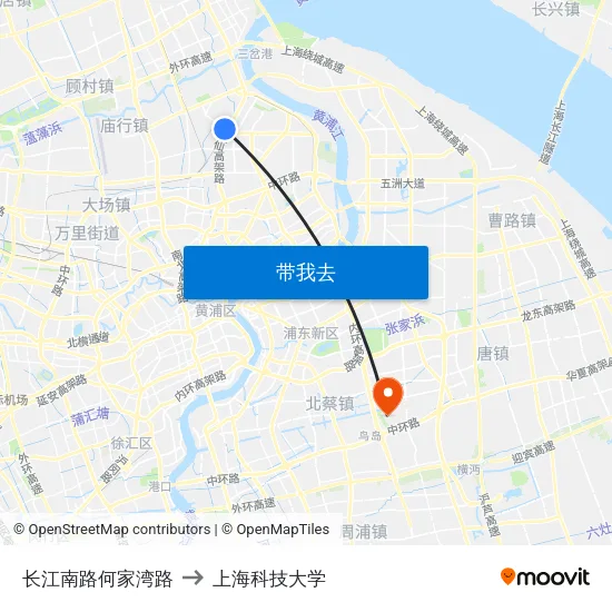 长江南路何家湾路 to 上海科技大学 map