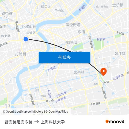 普安路延安东路 to 上海科技大学 map