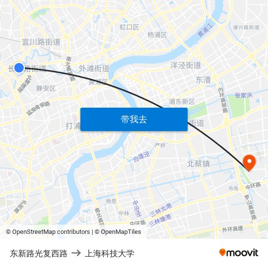 东新路光复西路 to 上海科技大学 map