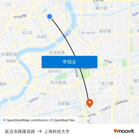 延吉东路隆昌路 to 上海科技大学 map