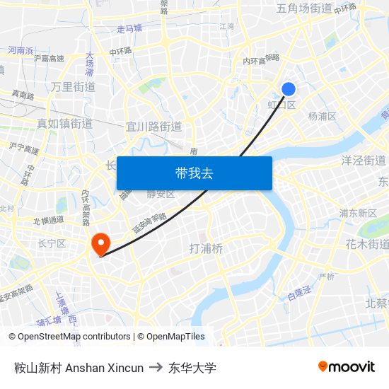 鞍山新村 Anshan Xincun to 东华大学 map