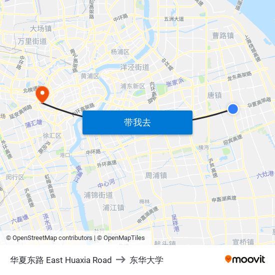 华夏东路 East Huaxia Road to 东华大学 map