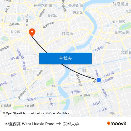 华夏西路 West Huaxia Road to 东华大学 map