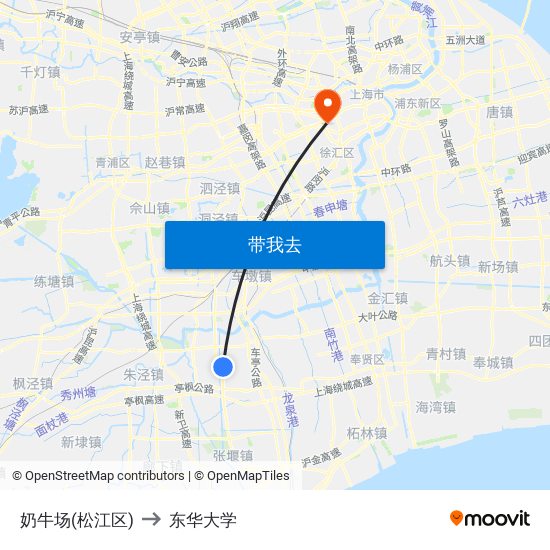 奶牛场(松江区) to 东华大学 map