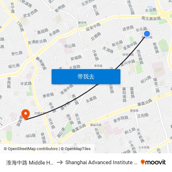 淮海中路 Middle Huaihai Road to Shanghai Advanced Institute of Finance, SJTU map