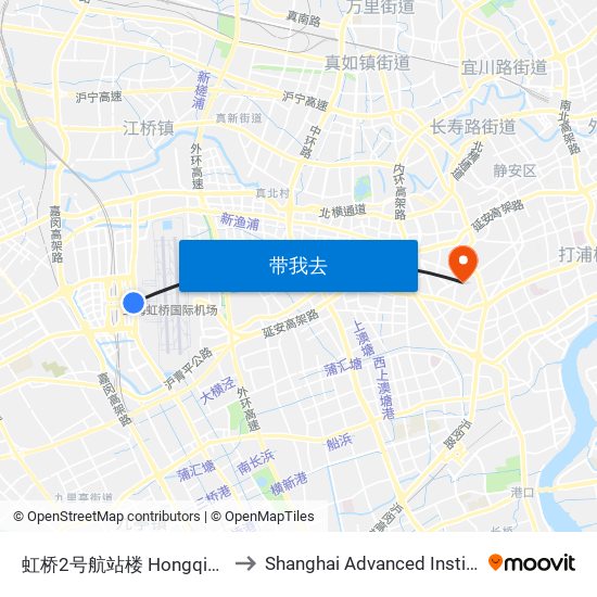 虹桥2号航站楼 Hongqiao Airport Terminal 2 to Shanghai Advanced Institute of Finance, SJTU map