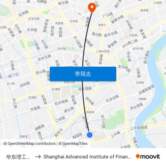 华东理工大学 to Shanghai Advanced Institute of Finance, SJTU map