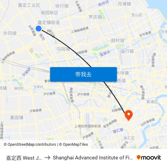 嘉定西 West Jiading to Shanghai Advanced Institute of Finance, SJTU map