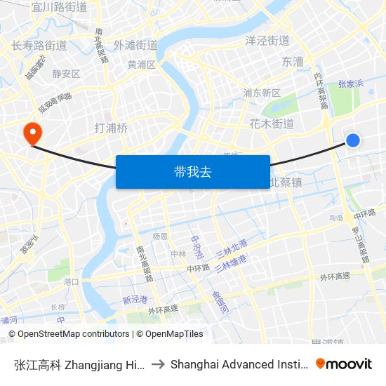 张江高科 Zhangjiang High Technology Park to Shanghai Advanced Institute of Finance, SJTU map