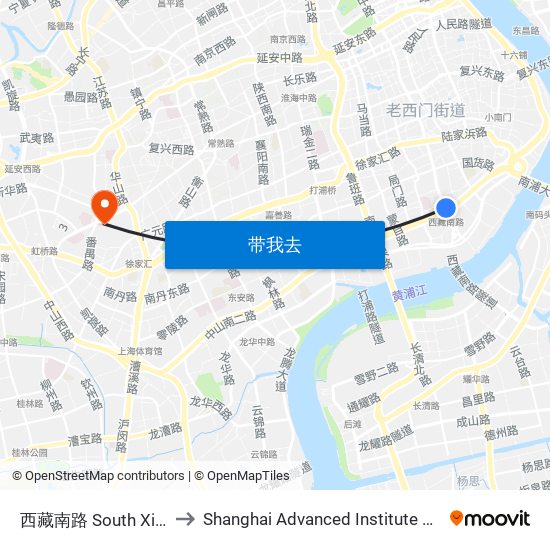 西藏南路 South Xizang Road to Shanghai Advanced Institute of Finance, SJTU map