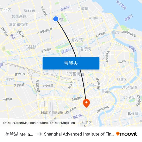 美兰湖 Meilan Lake to Shanghai Advanced Institute of Finance, SJTU map