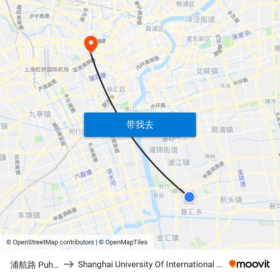 浦航路 Puhang Road to Shanghai University Of International Business And Economic map