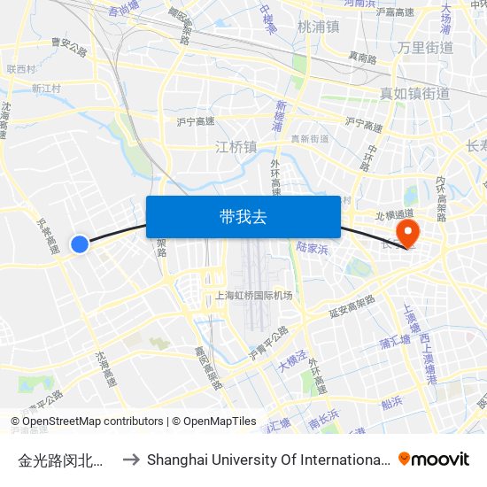 金光路闵北路(华山医院) to Shanghai University Of International Business And Economic map
