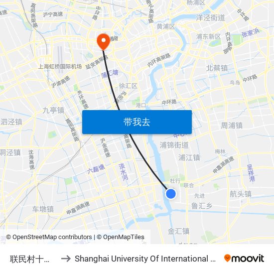 联民村十组(招呼站) to Shanghai University Of International Business And Economic map