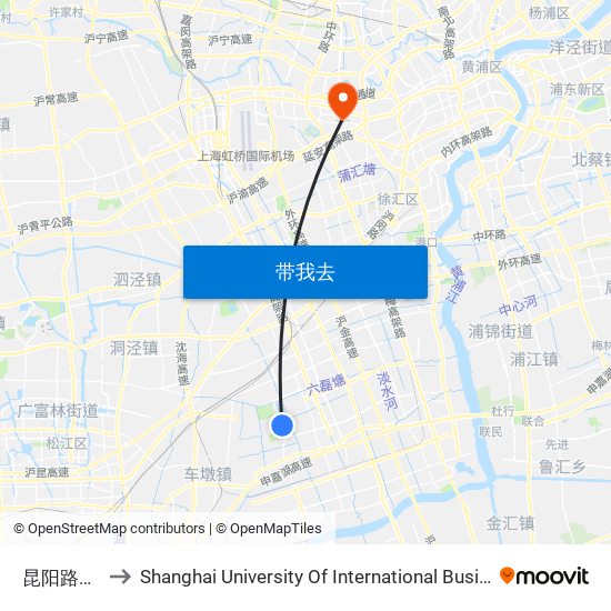 昆阳路茜昆路 to Shanghai University Of International Business And Economic map