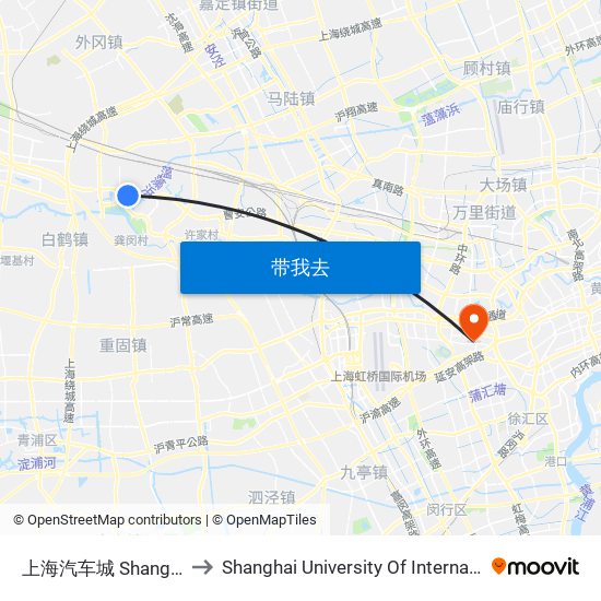 上海汽车城 Shanghai Automobile City to Shanghai University Of International Business And Economic map