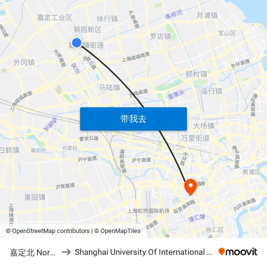 嘉定北 North Jiading to Shanghai University Of International Business And Economic map