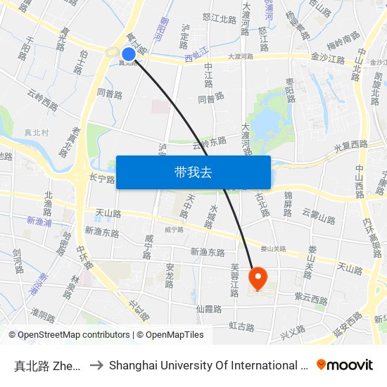 真北路 Zhenbei Road to Shanghai University Of International Business And Economic map