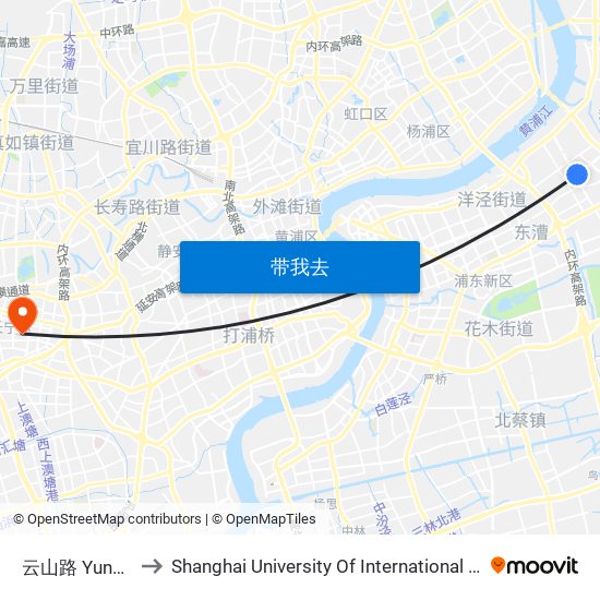 云山路 Yunshan Road to Shanghai University Of International Business And Economic map