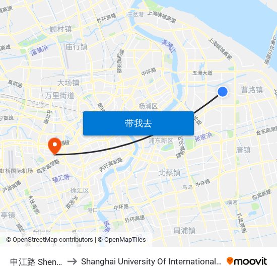 申江路 Shenjiang Road to Shanghai University Of International Business And Economic map