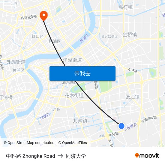 中科路 Zhongke Road to 同济大学 map