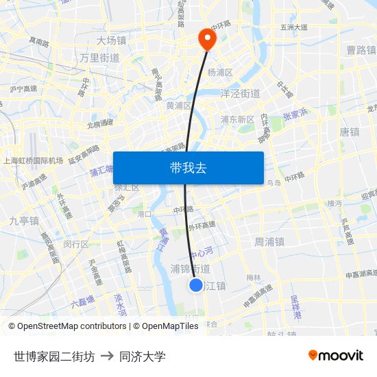世博家园二街坊 to 同济大学 map